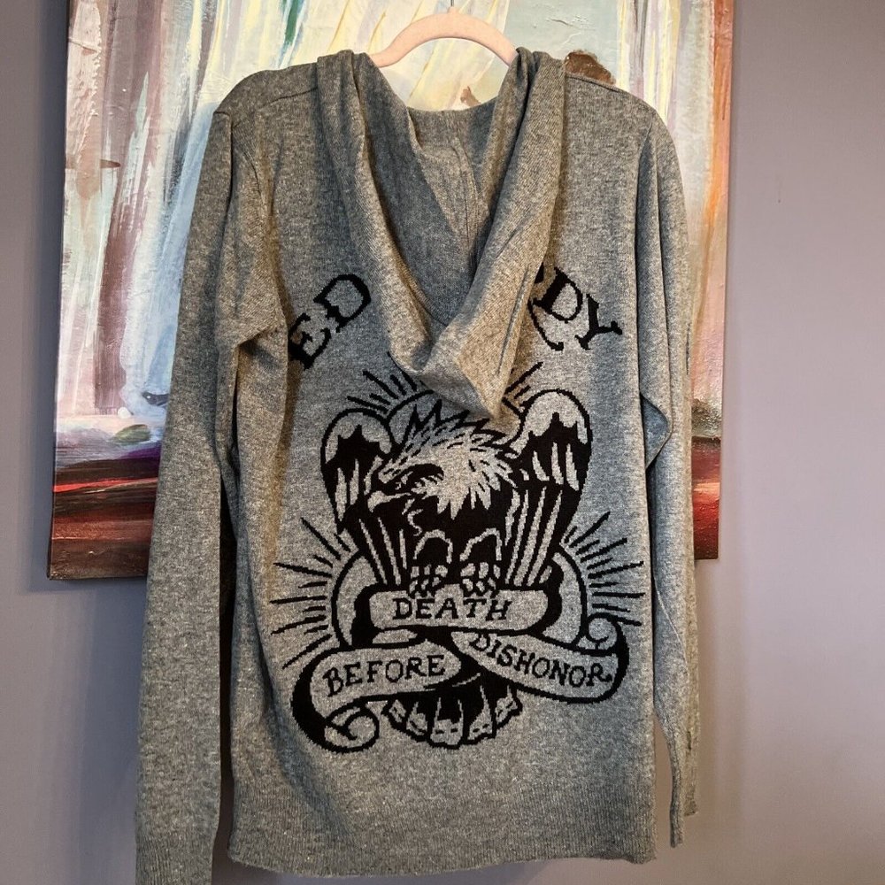 ED HARDY L Hooded Wool Blend Zip Knit Sweater Cardigan DEATH BEFORE DISH… - Picture 3 of 10